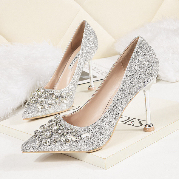 Pantofi de dama eleganti cu efect stralucitor si pietre in patru culori