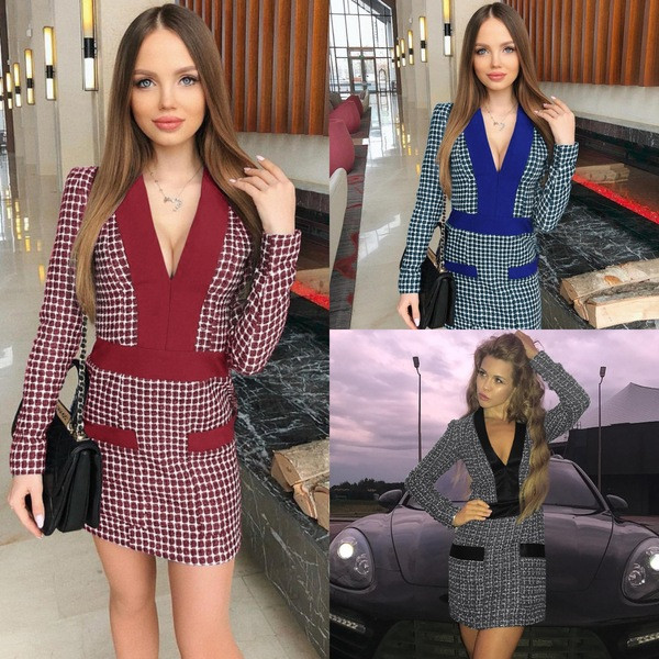 Stílusos női ruha V-nyakkal és zsebekkel több színben