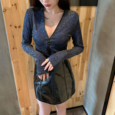 Bluză de damă modernă cu fermoar și paiete în trei culori