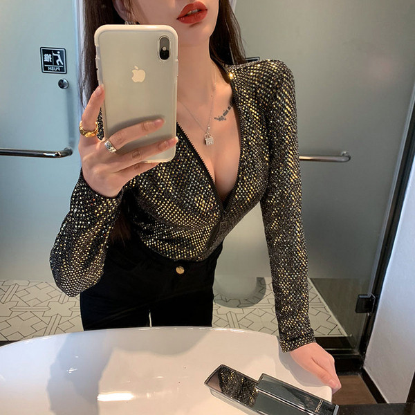 Bluză de damă modernă cu fermoar și paiete în trei culori