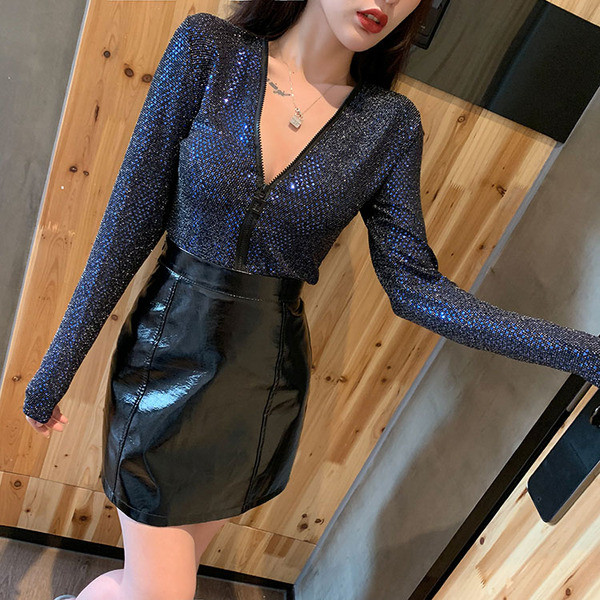 Bluză de damă modernă cu fermoar și paiete în trei culori