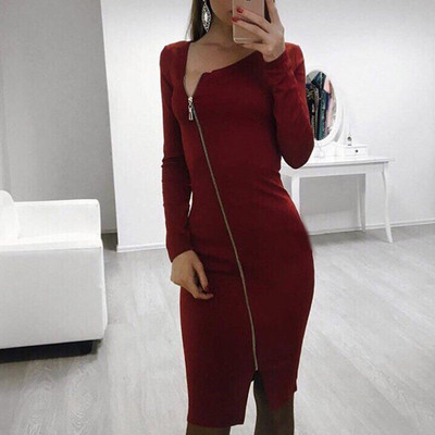 Μοντέρνο γυναικείο φόρεμα με μακριά μανίκια και φερμουάρ σε διάφορα χρώματα