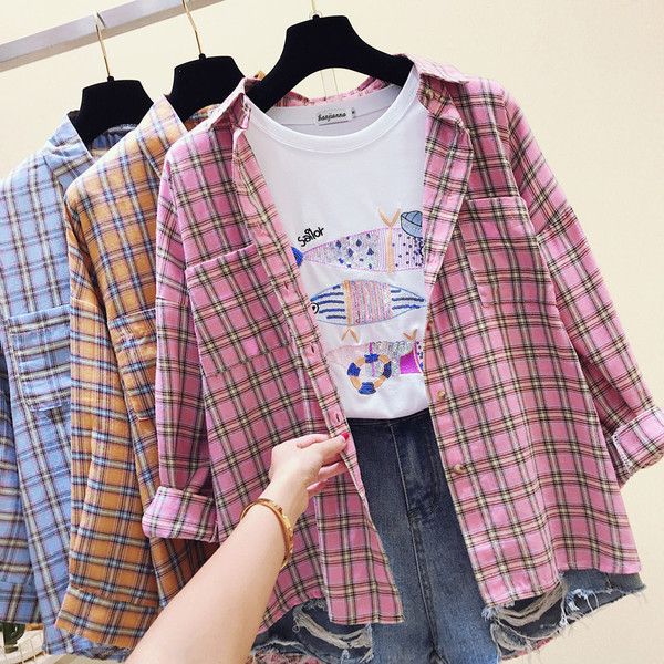 Női kockás ing rózsaszín sárga és kék színben