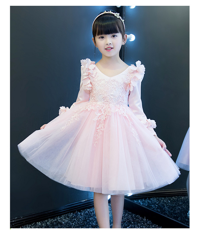 Стилна детска рокля с дантела и 3D елементи в син и розов цвят