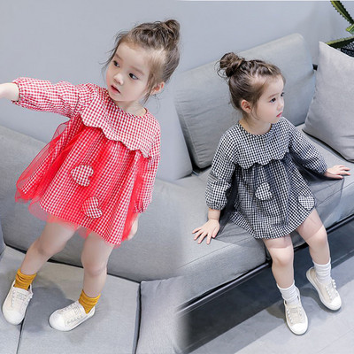 Модерна детска карирана  рокля с тюл в два цвята 