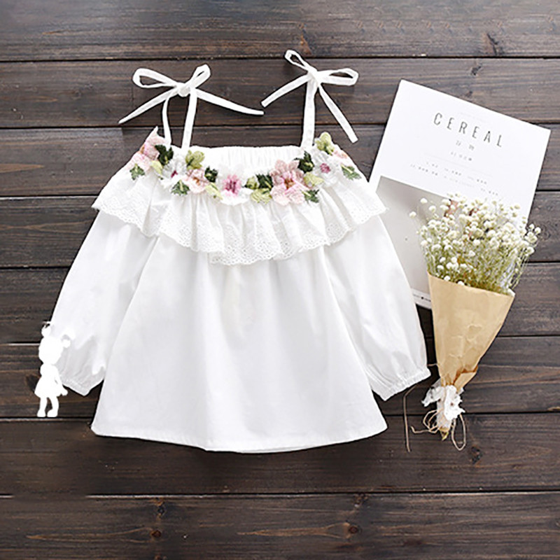 Μοντέρνο παιδικό πουκάμισο για κορίτσια με floral σχέδια σε λευκό χρώμα