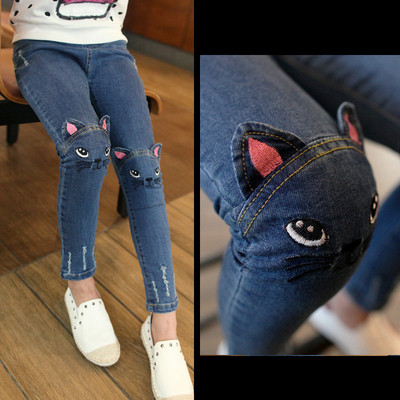 Modern children`s jeans for girls with kitten embroidery