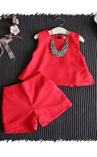 ΝΕΟ Κομψό παιδικό καλοκαιρινό σετ για κορίτσια σε δύο μέρη σε κόκκινο χρώμα