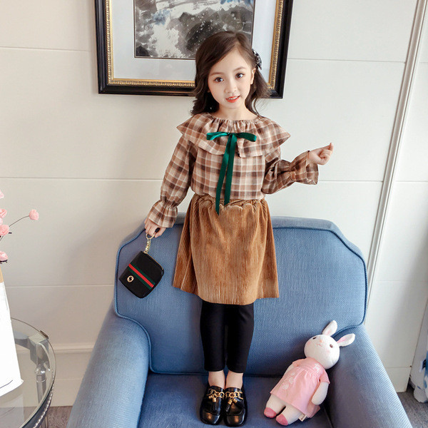 Παιδικό καρό πουκάμισο για κορίτσια με  μανίκια και πράσινη κορδέλα