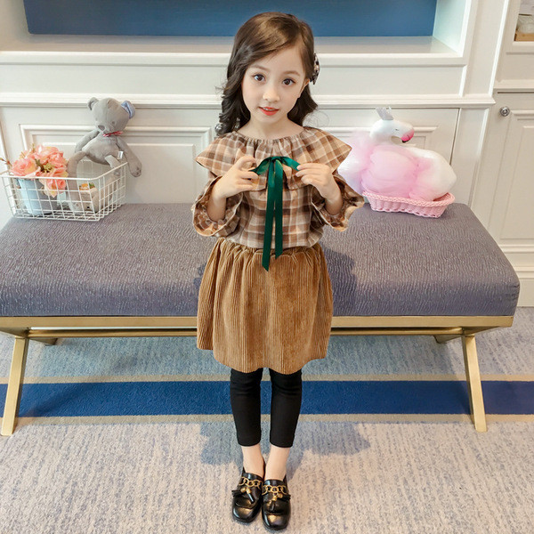 Παιδικό καρό πουκάμισο για κορίτσια με  μανίκια και πράσινη κορδέλα