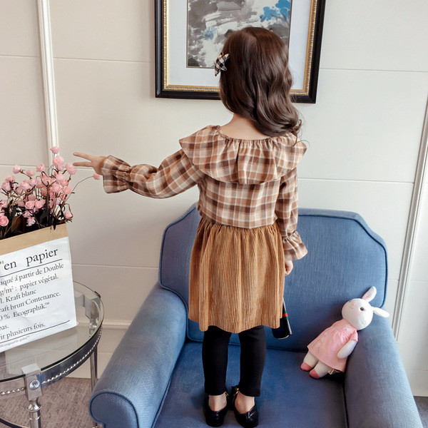 Παιδικό καρό πουκάμισο για κορίτσια με  μανίκια και πράσινη κορδέλα