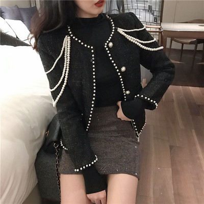 ХИТ Актуално дамско сако в черен цвят с перли
