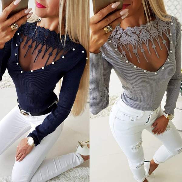 Μοντέρνα γυναικεία μπλούζα με διαφανή στοιχεία και πέρλες σε δύο χρώματα