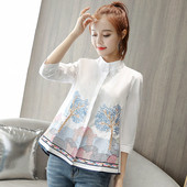 Retro stílusú női ing virágos motívumokkal, fehér színben, 3/4 ujjú