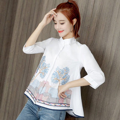 Retro stílusú női ing virágos motívumokkal, fehér színben, 3/4 ujjú