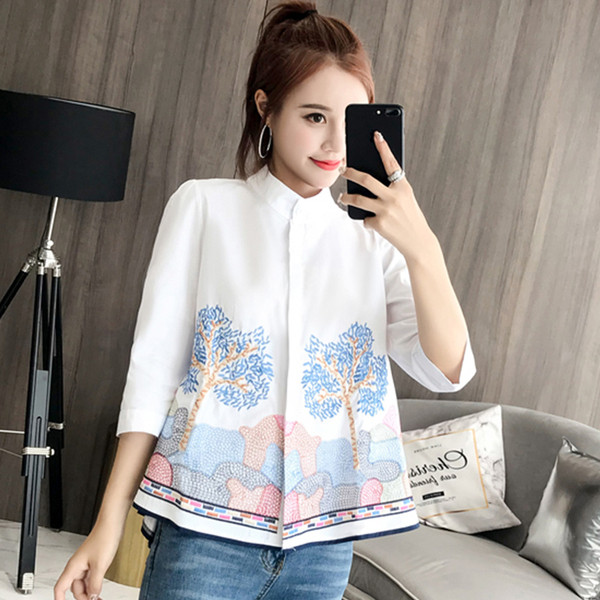 Retro stílusú női ing virágos motívumokkal, fehér színben, 3/4 ujjú