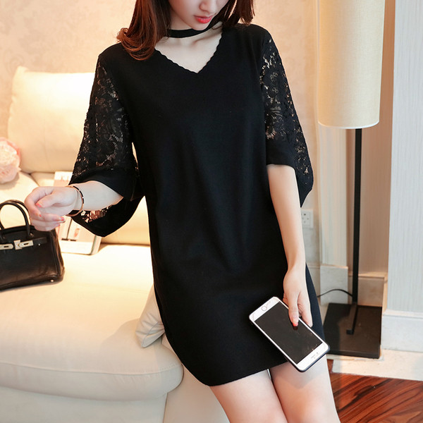 Stílusos női ruha csipkeujjal több színben