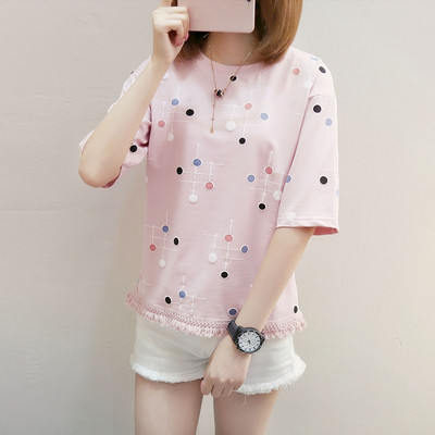 Friss, rövid ujjú női blúz, kék, rózsaszín, fehér színben