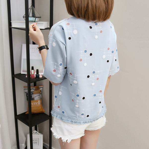 Friss, rövid ujjú női blúz, kék, rózsaszín, fehér színben