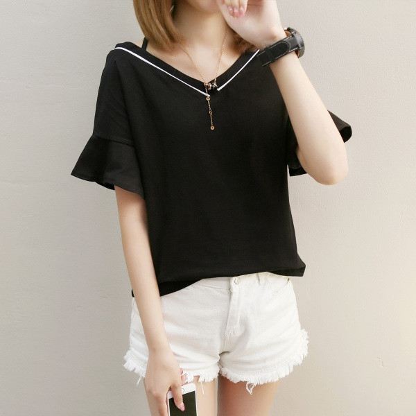 Μοντέρνα γυναικεία μπλούζα με ντεκολτέ σε σχήμα V και φαρδιά μανίκια