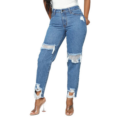 Μοντέρνα γυναικεία τζιν με ψηλή μέση και σκισμένα μοτίβα