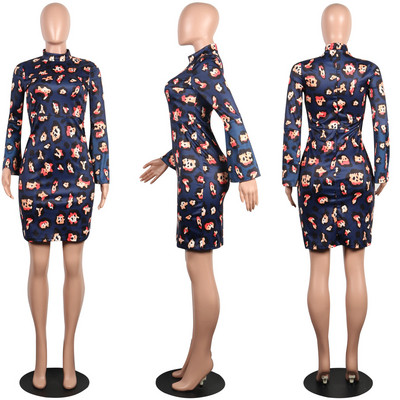 Stílusos női ruha színes motívummal, lótusz ujjakkal