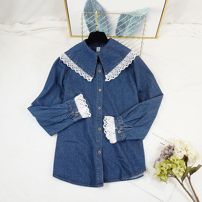 Modern női farmer ing csipkével, világos és sötét színekben