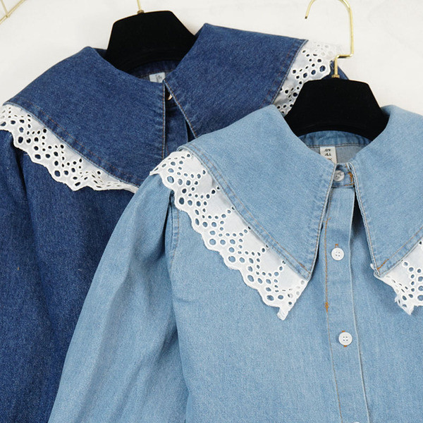 Modern női farmer ing csipkével, világos és sötét színekben