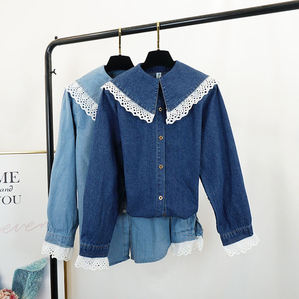 Modern női farmer ing csipkével, világos és sötét színekben