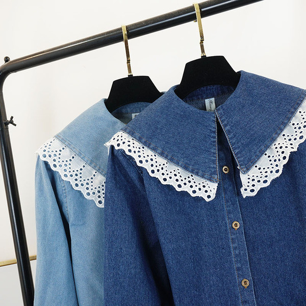 Modern női farmer ing csipkével, világos és sötét színekben