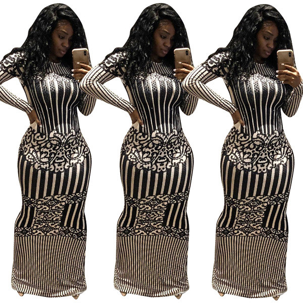 Modern női csíkos ruha hosszú modell