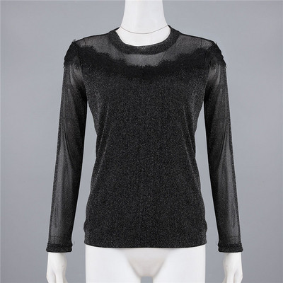Γυναικεία γυαλιστερή μπλούζα με μακριά μανίκια δαντέλα σε μαύρο χρώμα