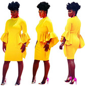 Elegáns női ruha lótusz ujjú sárga színben