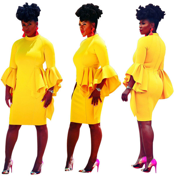 Elegáns női ruha lótusz ujjú sárga színben