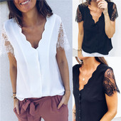 Modern női blúz V-nyakú, csipkés rövid ujjú, két színben