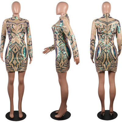 HIT Rochie actuală de damă cu mâneci lungi cu paiete Model Slim