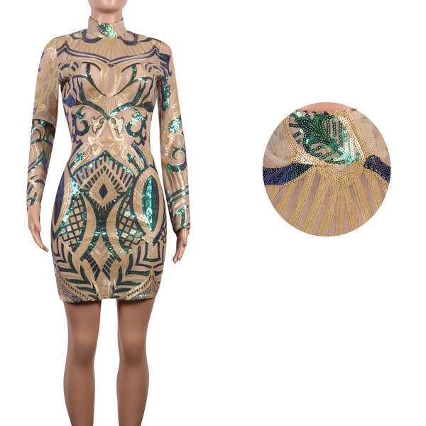 HIT Rochie actuală de damă cu mâneci lungi cu paiete Model Slim