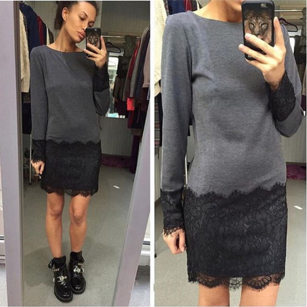 Modern női ruha csipkével és hosszú ujjú szürke színben