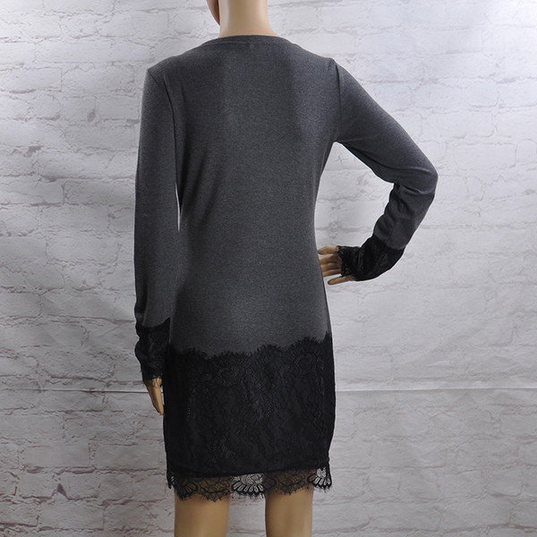 Modern női ruha csipkével és hosszú ujjú szürke színben