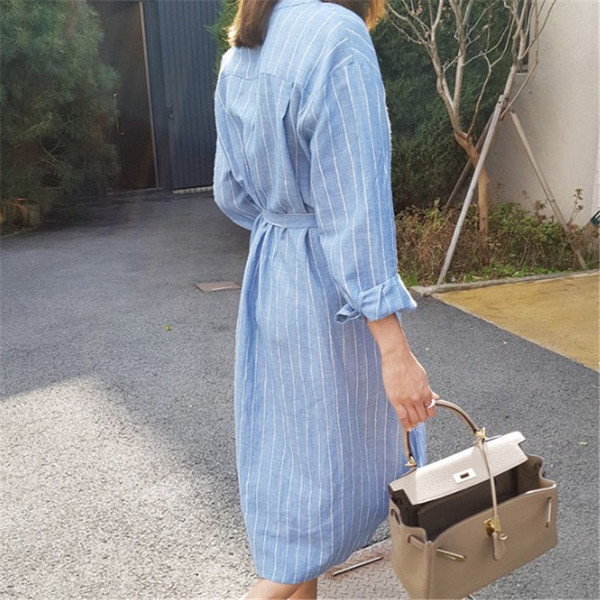 Rochie lunga de dama in albastru cu nasturi si cravate