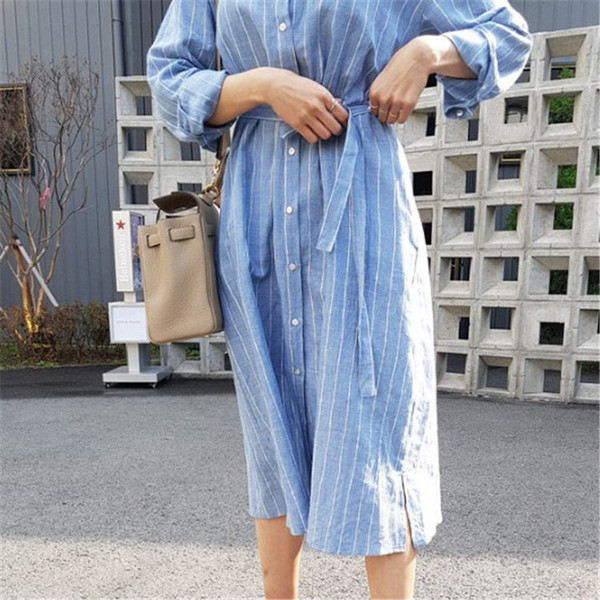 Rochie lunga de dama in albastru cu nasturi si cravate