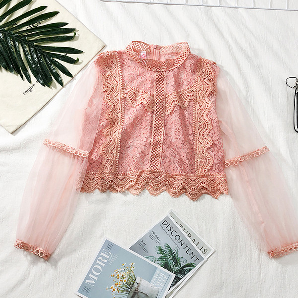 Γυναικεία μπλούζα με δαντέλα με διαφανή μανίκια