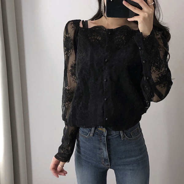 Stílusos női csipkeblúz, hosszú ujjú fehér és fekete színben