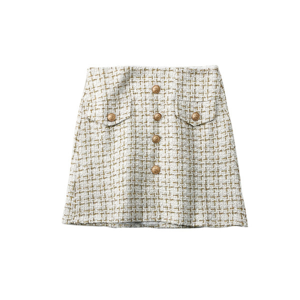 Elegáns női szoknya gombokkal és dekoratív zsebekkel