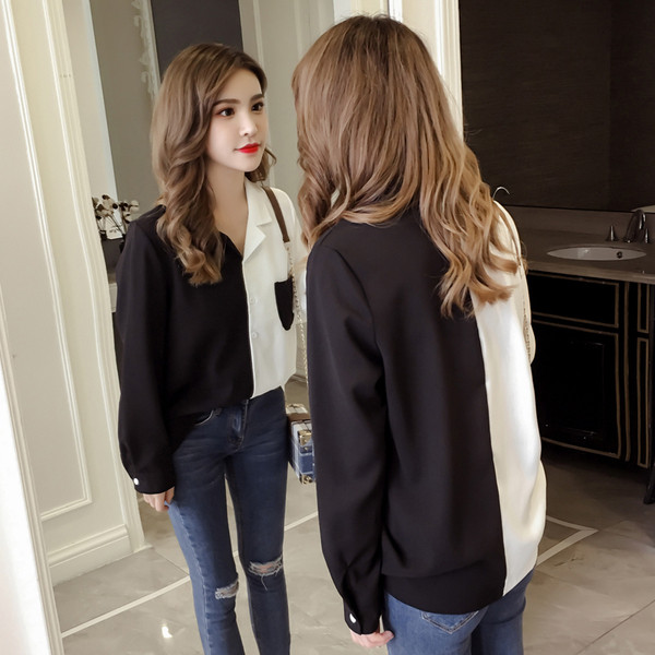 Stílusos női hosszú ujjú ing fekete-fehér színben