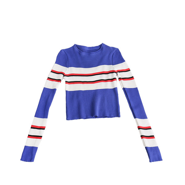 Alkalmi női blúz kék színben, színes csíkokkal