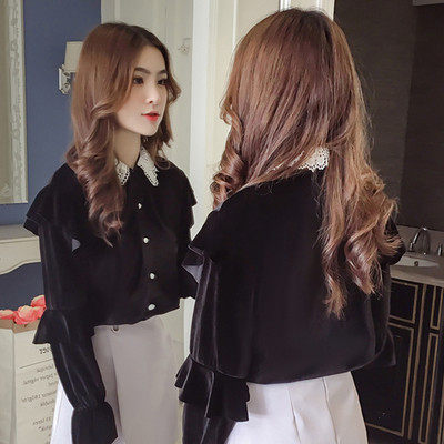 Stílusos női bársony ing csipkével, két színben