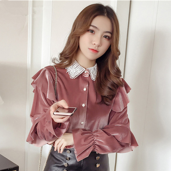 Stílusos női bársony ing csipkével, két színben