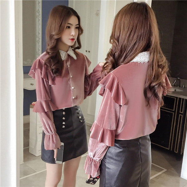 Stílusos női bársony ing csipkével, két színben