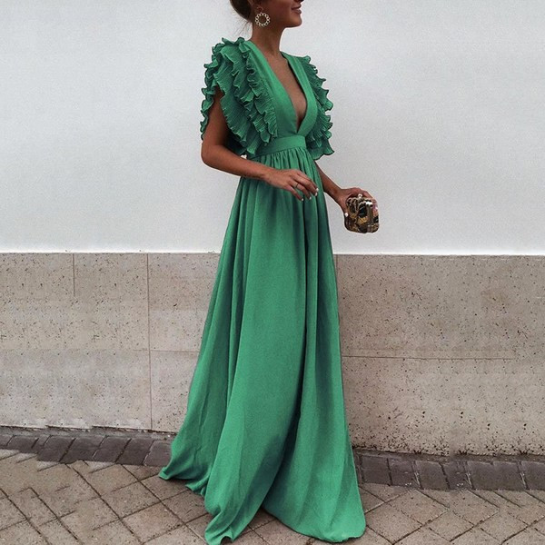 Rochie lunga de dama eleganta cu decolteu in V in sase culori